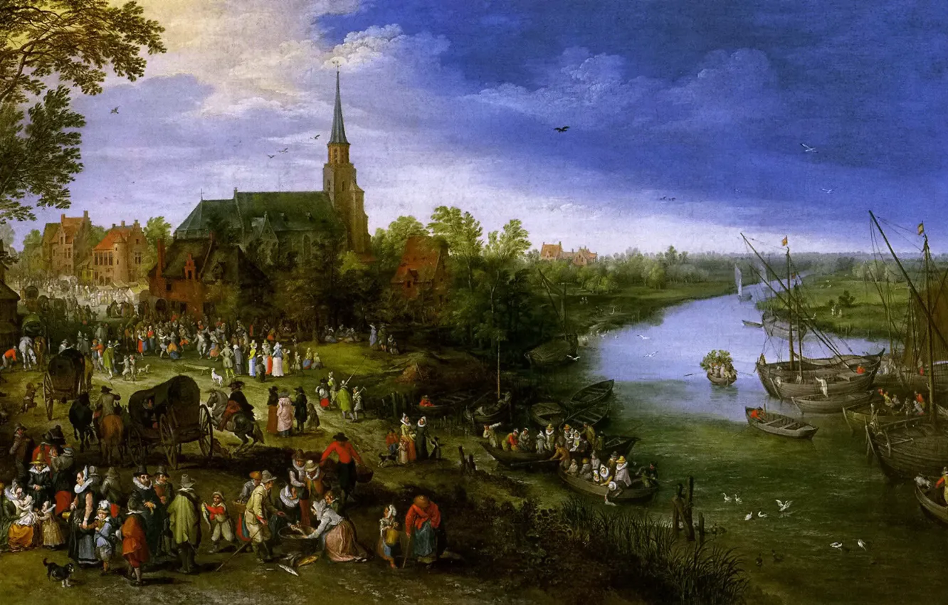 Photo wallpaper river, people, boat, picture, Cathedral, Jan Brueghel the younger, River Landscape with Fair