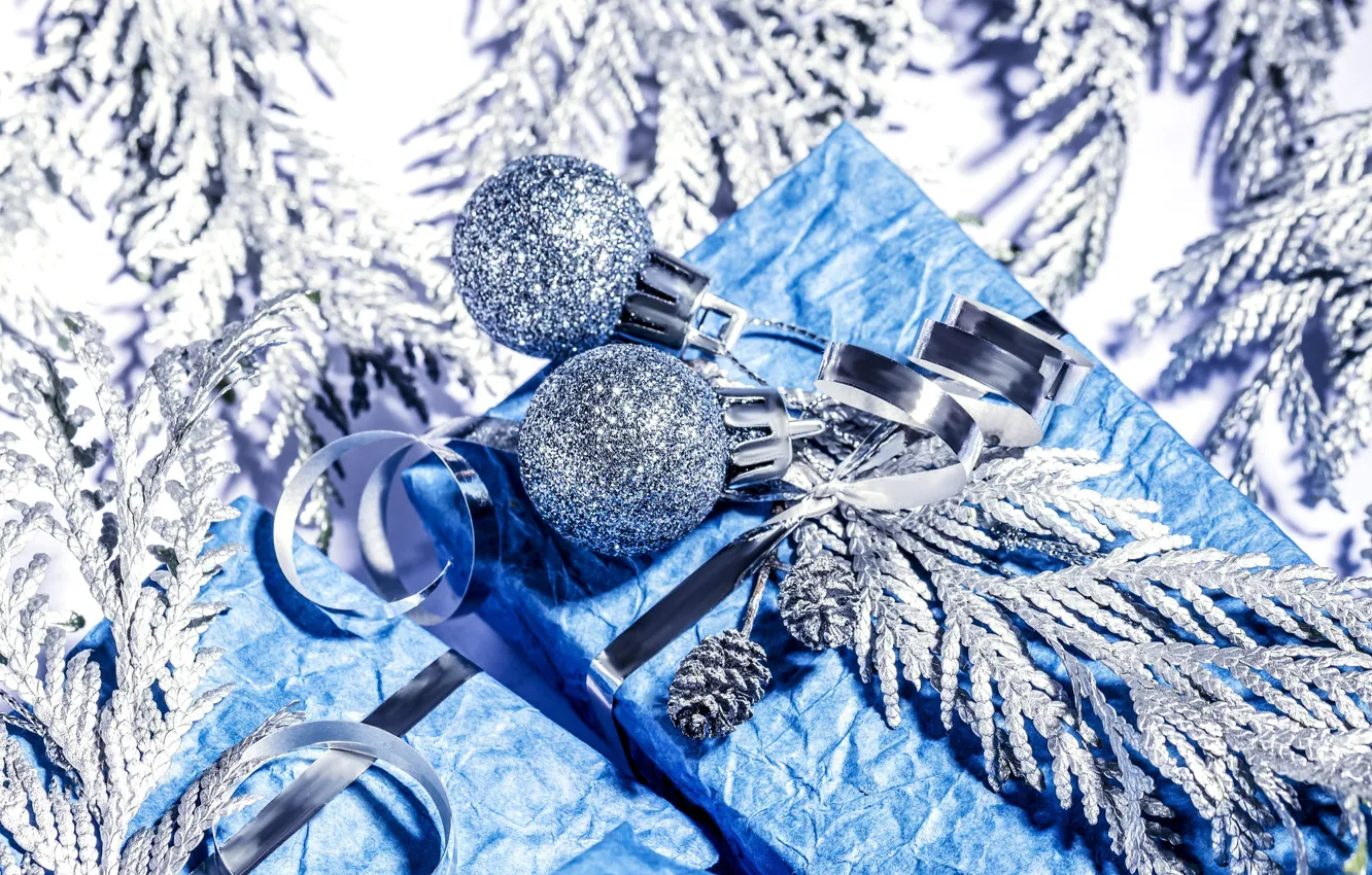Photo wallpaper winter, balls, branches, holiday, box, gift, balls, silver