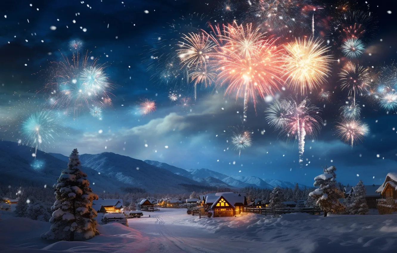 Photo wallpaper winter, snow, night, lights, salute, New Year, village, Christmas