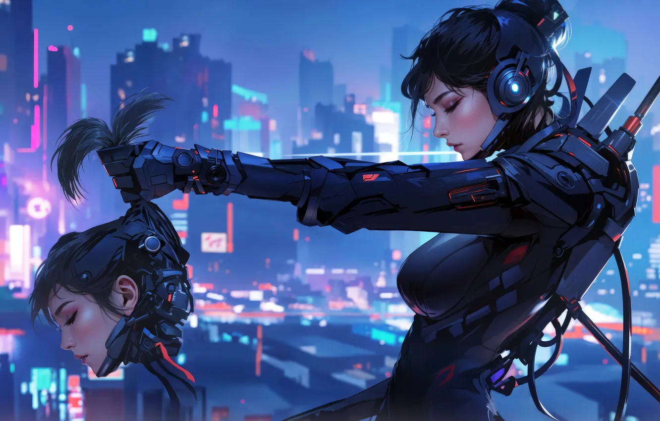 Photo wallpaper science fiction, digital art, cyborg, anime girls, AI Art