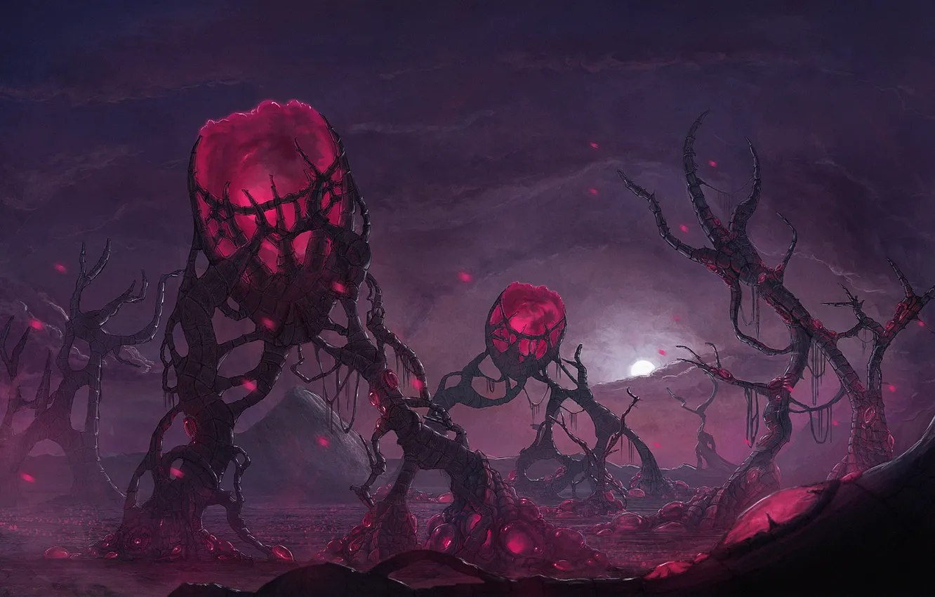 Photo wallpaper hills, landscape, balls, plant, art, pink, fantasy world