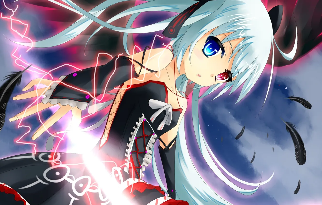 Photo wallpaper the sky, girl, stars, clouds, magic, anime, feathers, art