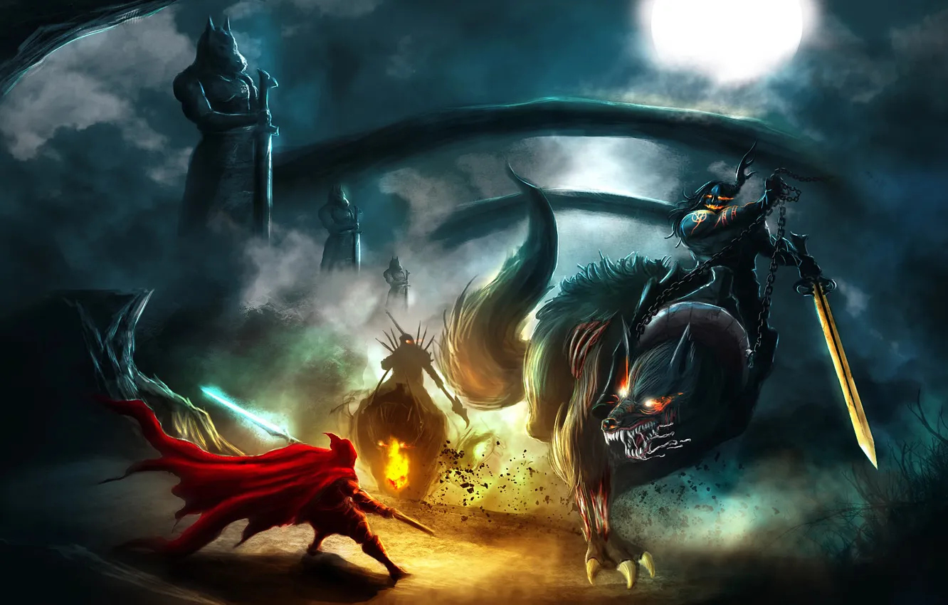 Photo wallpaper night, red, weapons, animal, the moon, blood, monster, sword