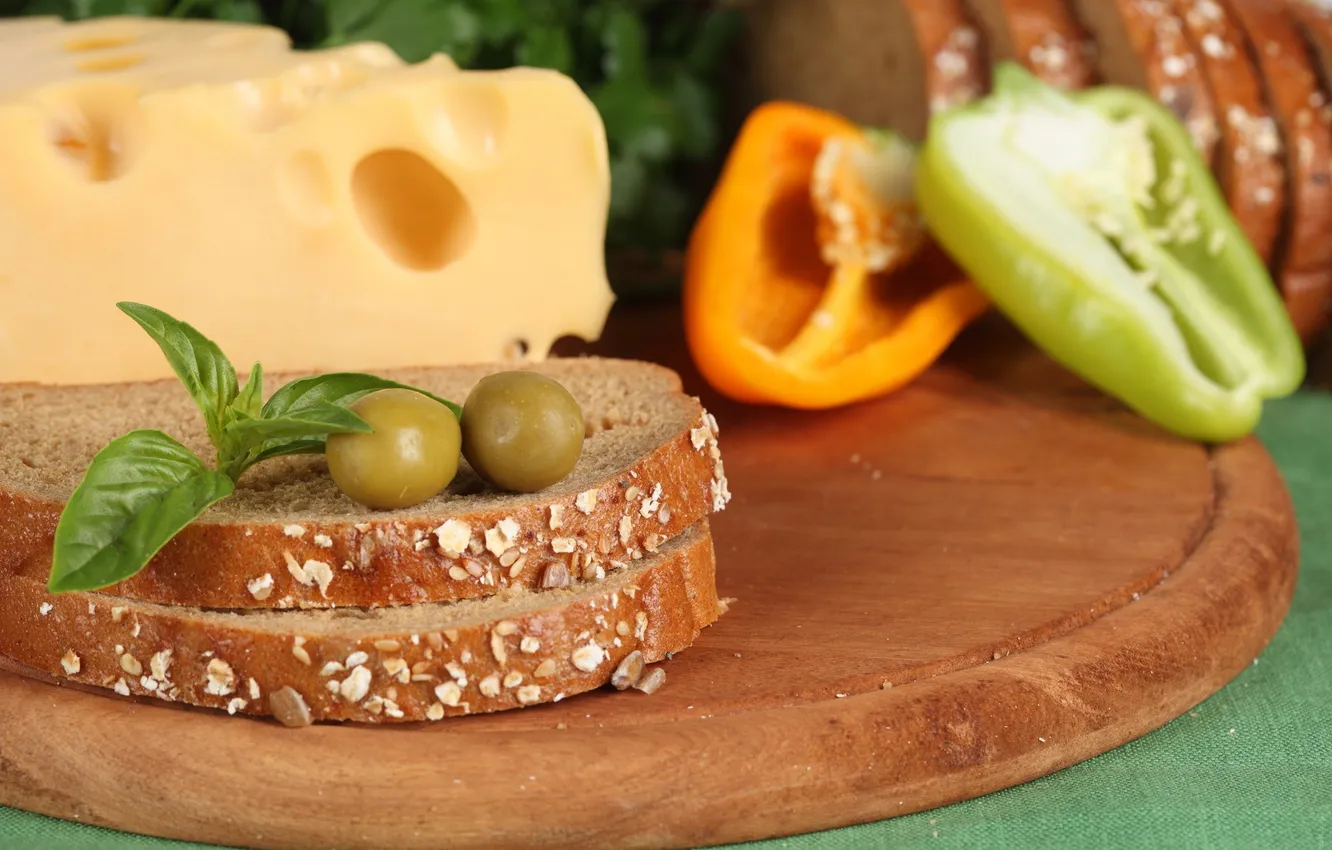 Photo wallpaper cheese, bread, pepper, olives, slices, products