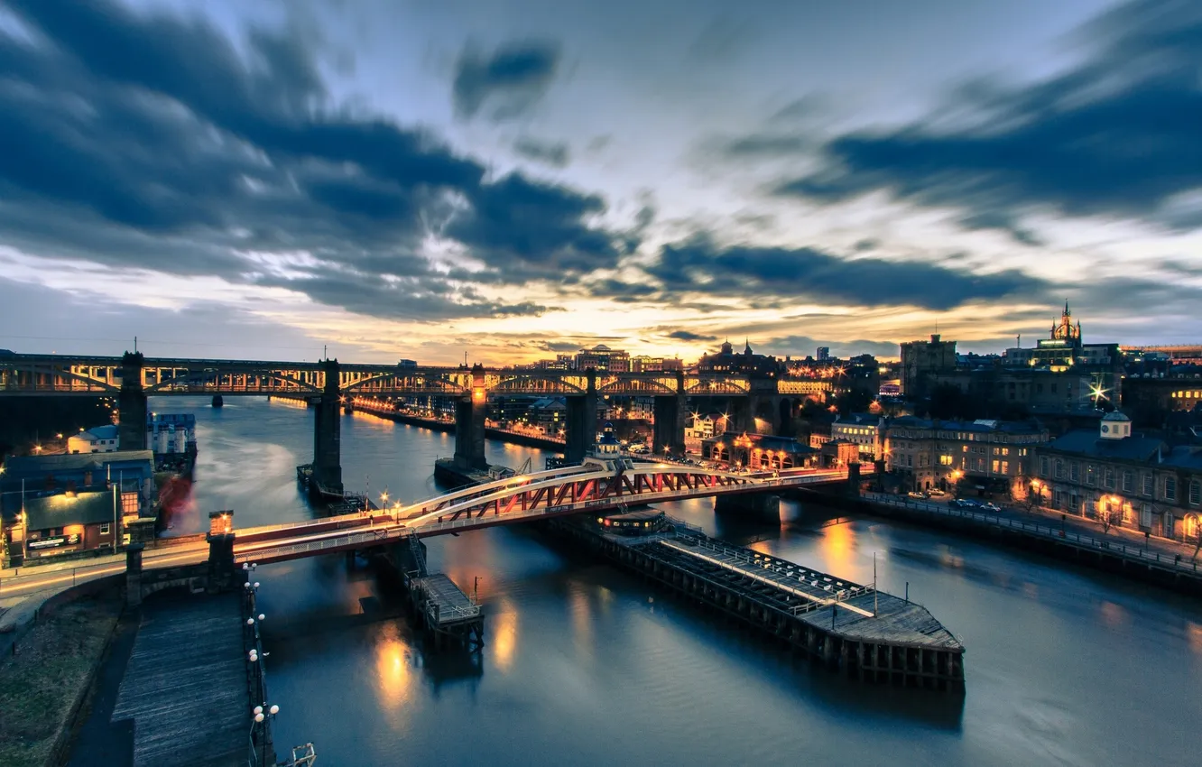 Photo wallpaper bridge, England, bridges, night city, Newcastle, England, Newcastle, Swing Bridge