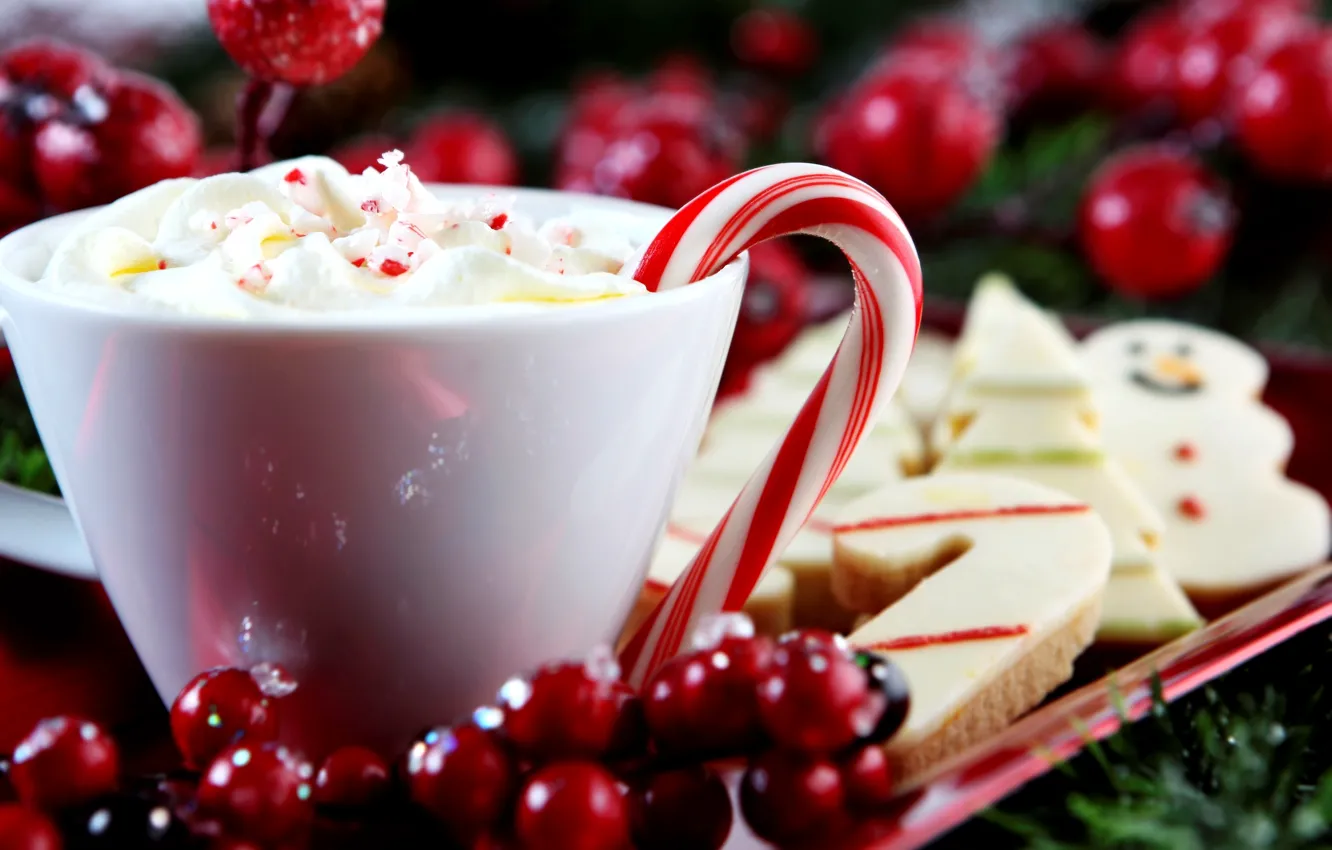 Photo wallpaper winter, New Year, cookies, cream, Christmas, cane, Cup, Lollipop
