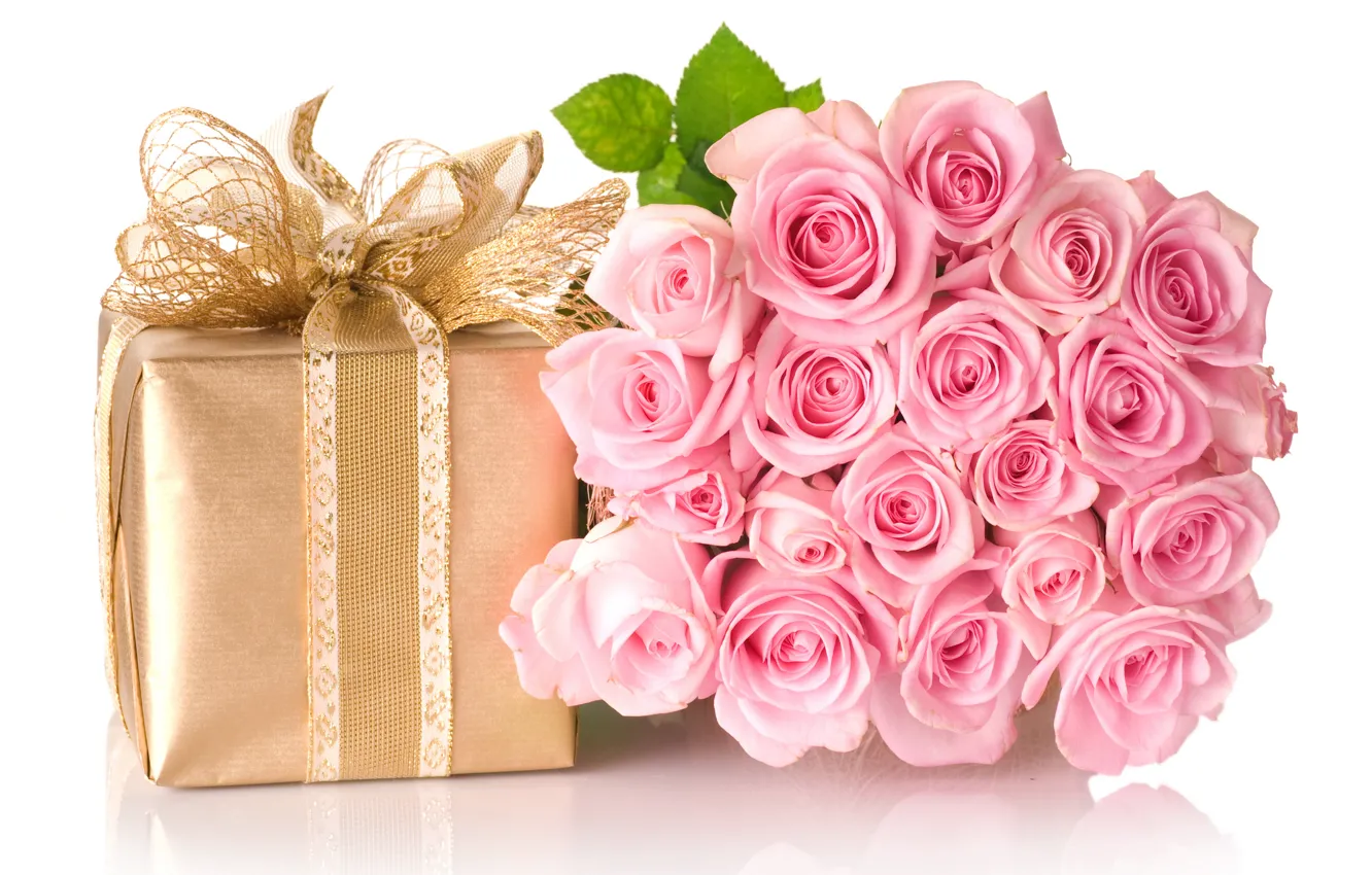 Photo wallpaper flowers, box, gift, bouquet, bow, roses. pink