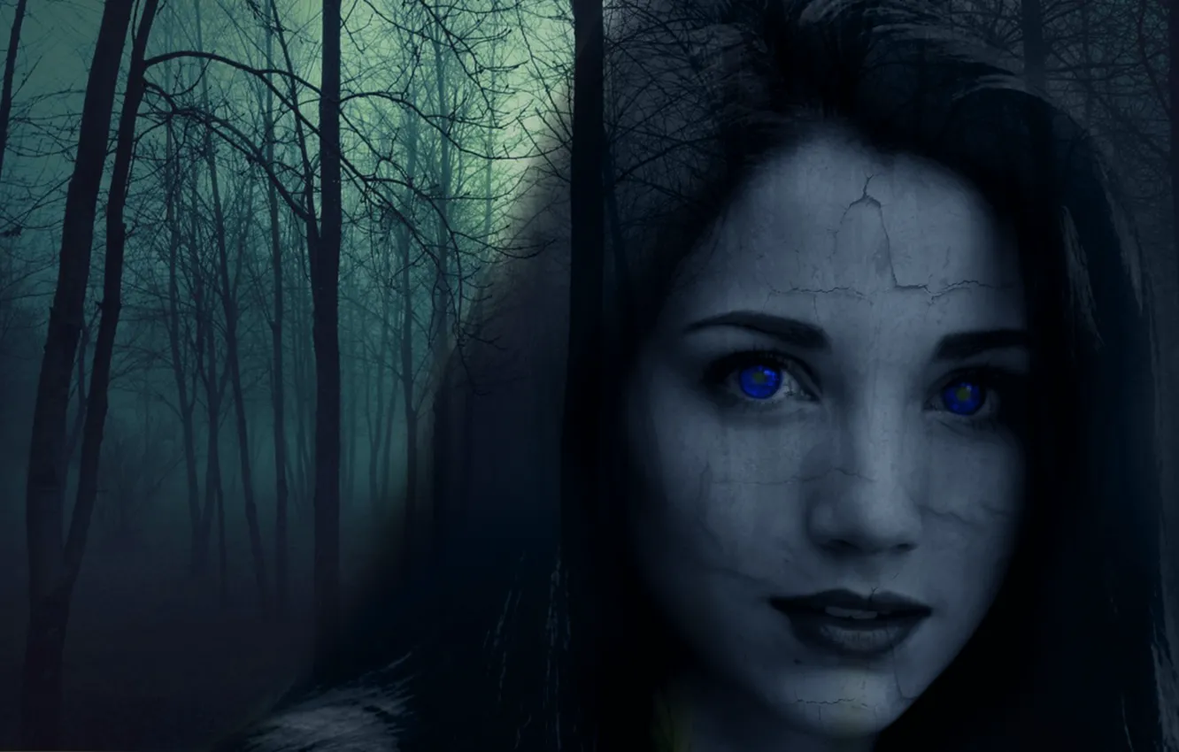 Photo wallpaper forest, girl, the darkness, cast, Ghost, horror, blue eyes, dark
