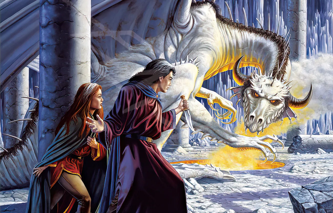 Photo wallpaper girl, dragon, knife, guy, Larry Elmore, Larry Elmore
