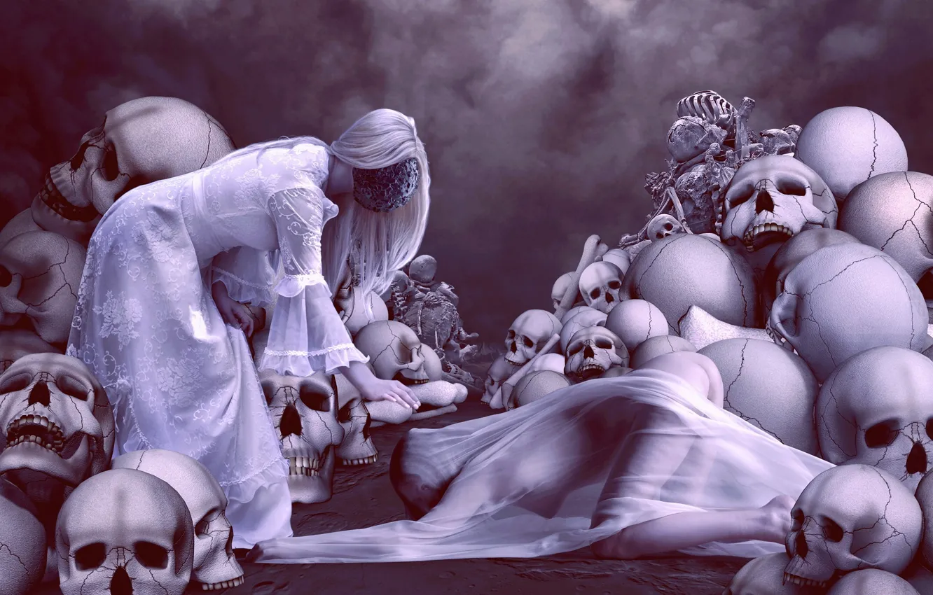 Photo wallpaper girl, skull, mask, fantasy