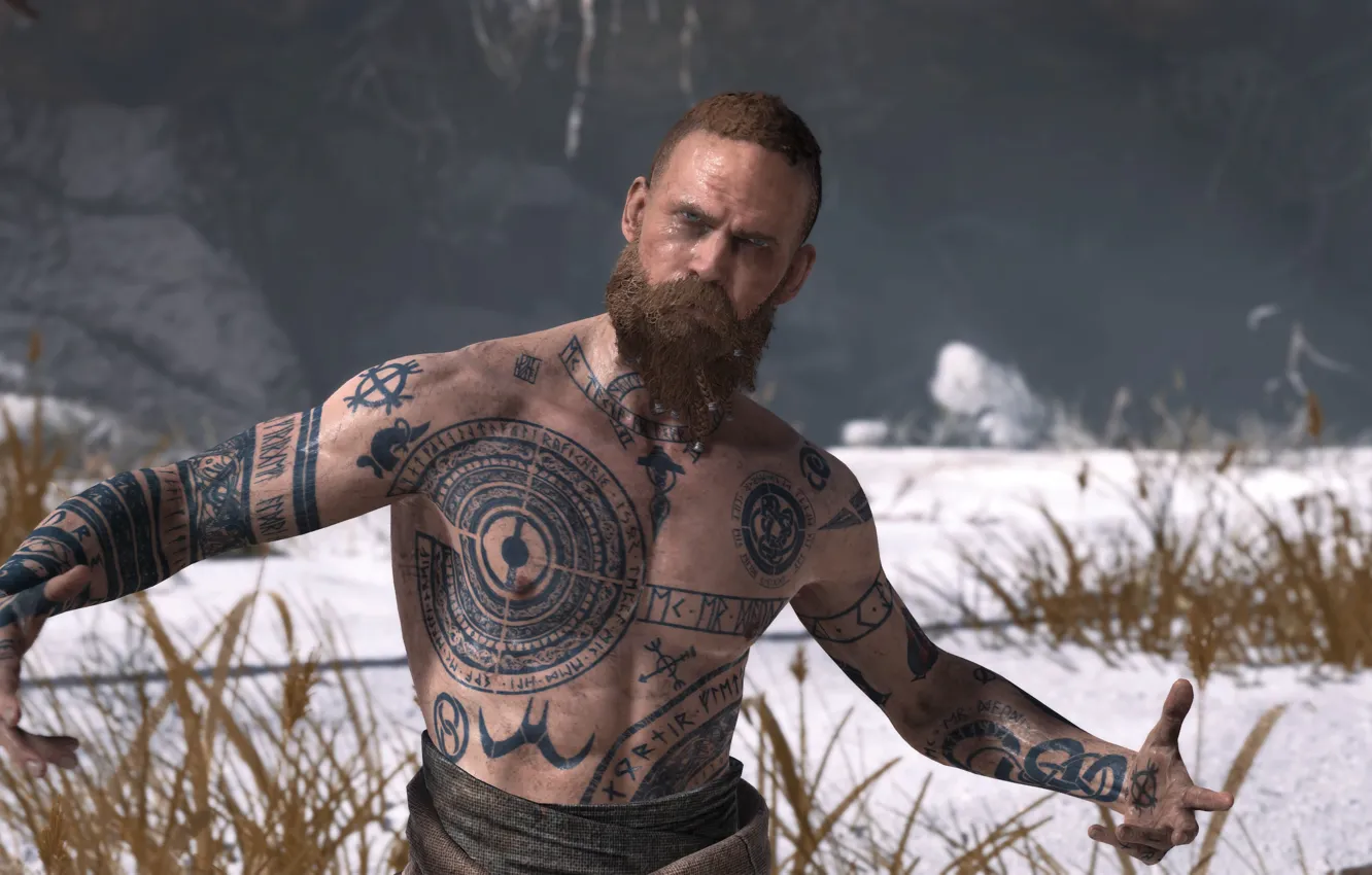Photo wallpaper Games, Winter, Snow, Viking, Tattoo, PS4, God of War (2018), Baldur