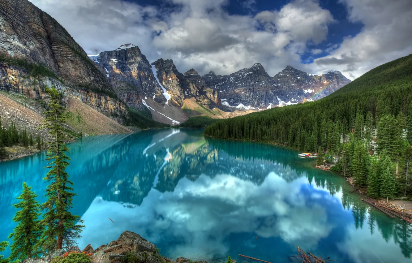 Photo wallpaper forest, the sky, clouds, mountains, Canada, lake