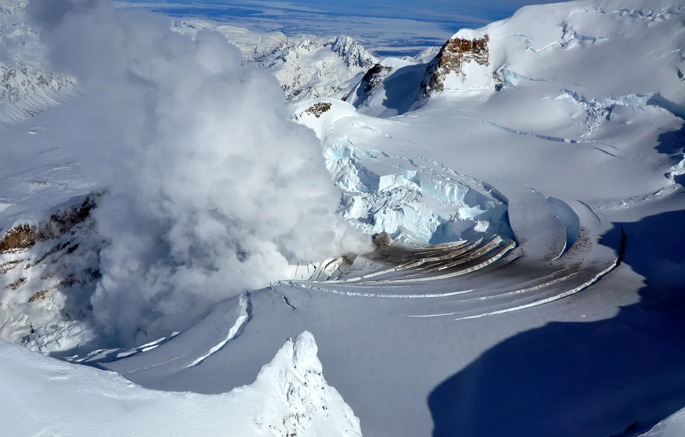 Photo wallpaper snow, landscape, mountains, nature, danger, smoke, Alaska, Alaska