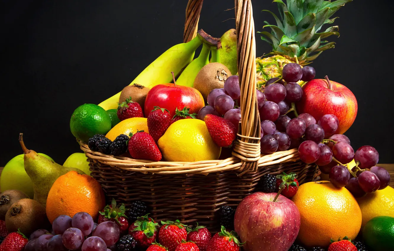 Photo wallpaper berries, basket, apples, orange, strawberry, grapes, bananas, pineapple