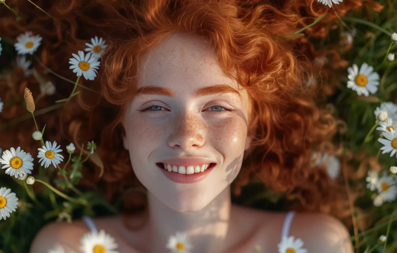 Photo wallpaper summer, look, girl, light, flowers, face, smile, glade