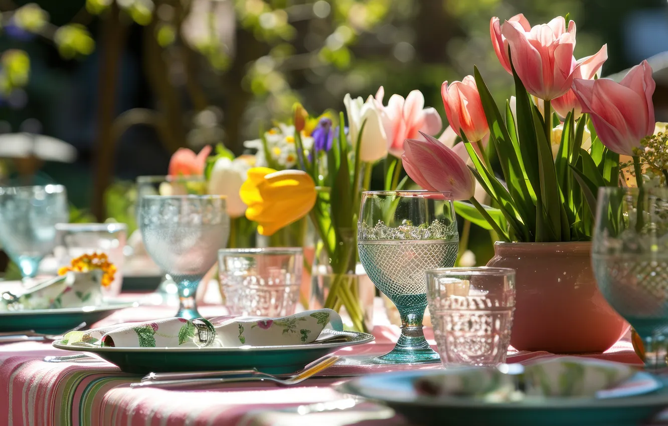 Photo wallpaper flowers, holiday, bouquet, spring, tulips, March 8, AI art, universal holiday background