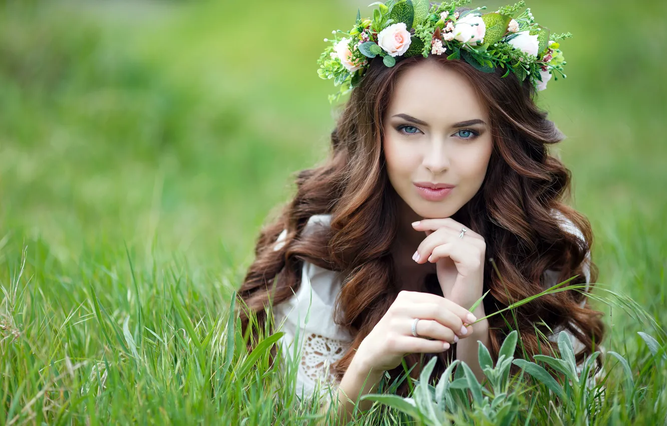 Photo wallpaper greens, field, summer, flowers, makeup, hairstyle, lies, brown hair