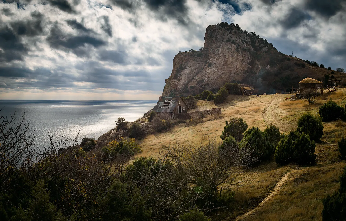 Photo wallpaper sea, the sky, clouds, landscape, mountains, nature, shore, house
