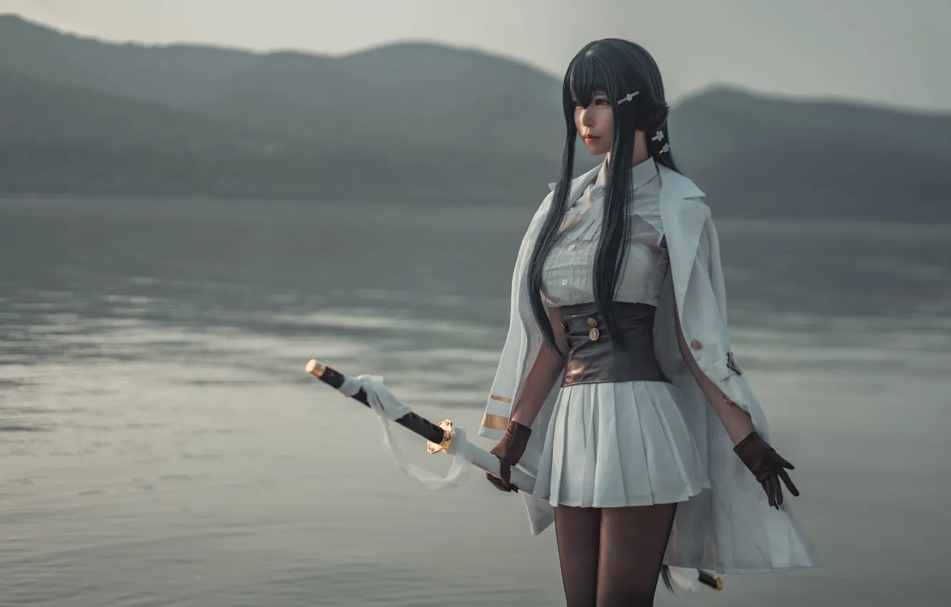 Photo wallpaper water, mountains, pose, lake, katana, brunette, haze, Asian
