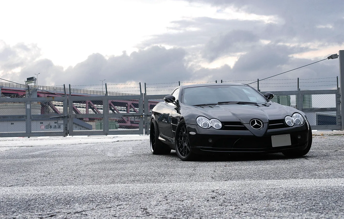 Photo wallpaper the sky, clouds, black, black, Mercedes Benz, front view, sky, clouds