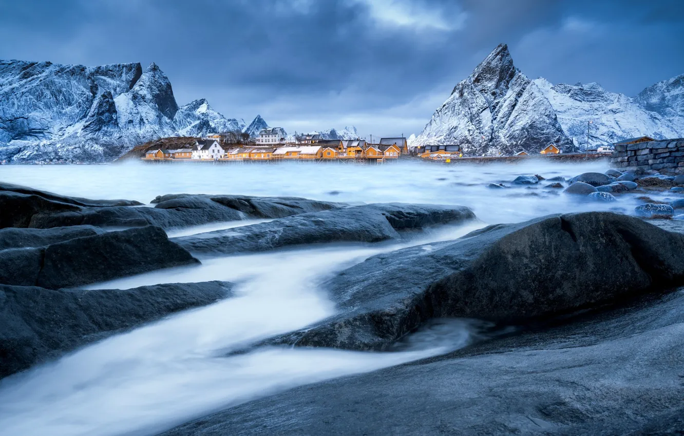 Photo wallpaper winter, snow, mountains, stones, excerpt, Norway, the village, the fjord