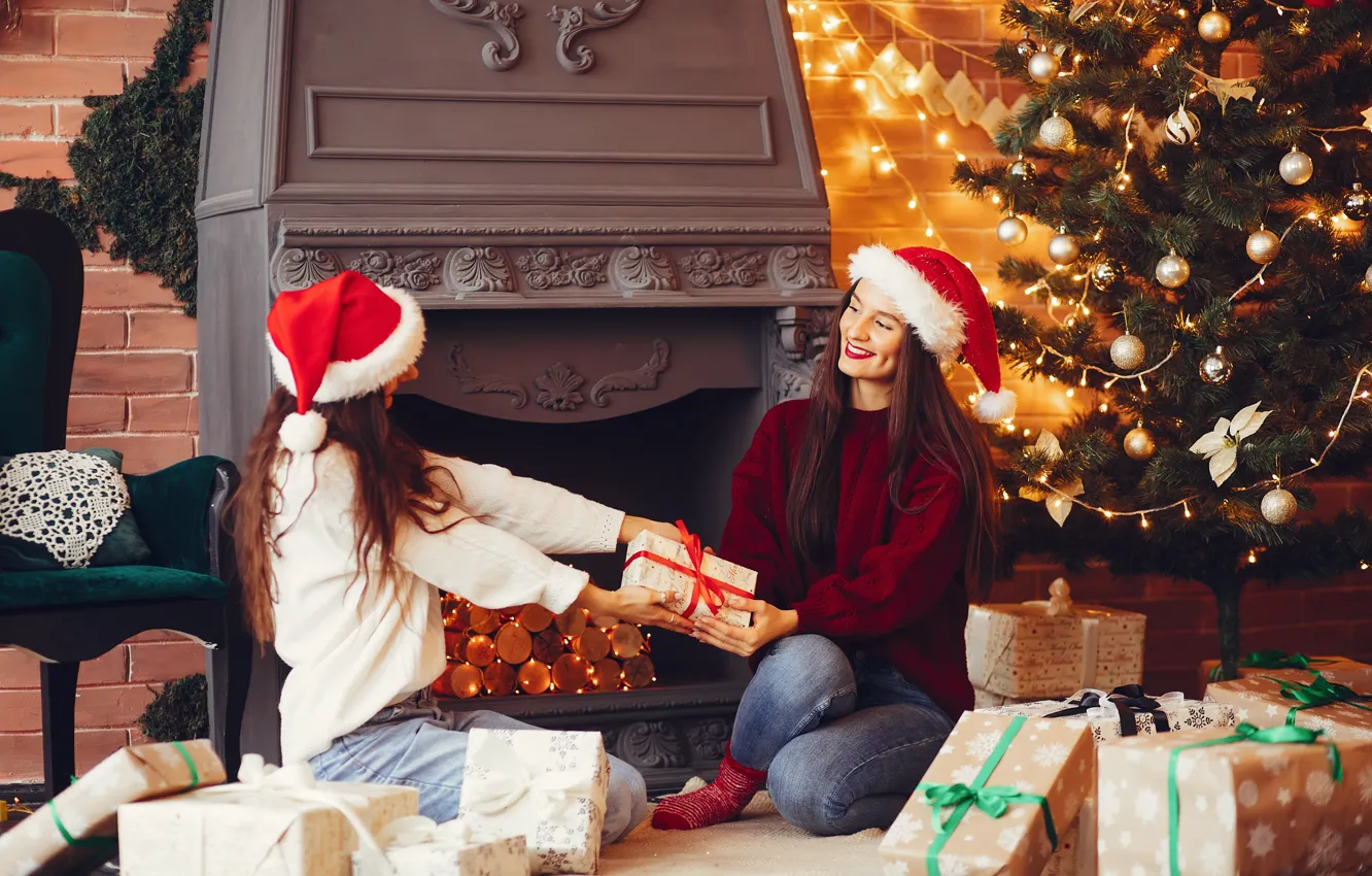 Photo wallpaper girl, joy, smile, room, gift, new year, Christmas, fireplace