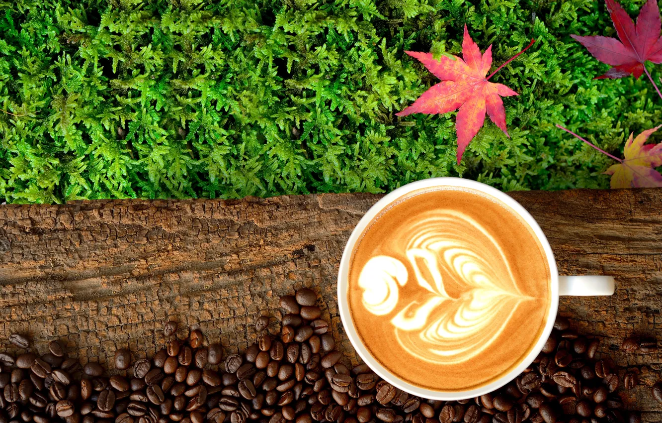 Photo wallpaper autumn, leaves, coffee, colorful, Cup, wood, autumn, leaves