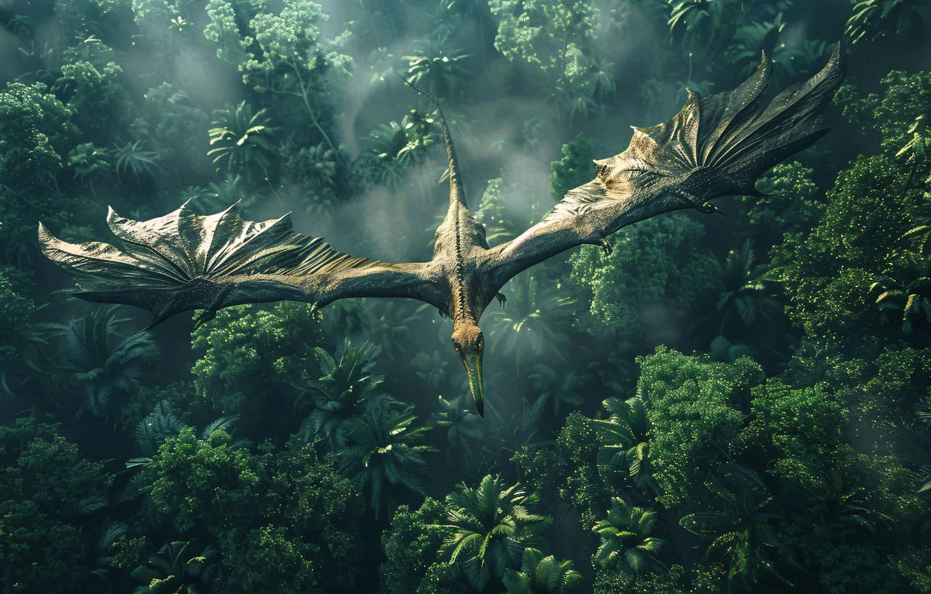 Photo wallpaper trees, flight, animal, wings, dinosaur, top, pterodactyl, digital art