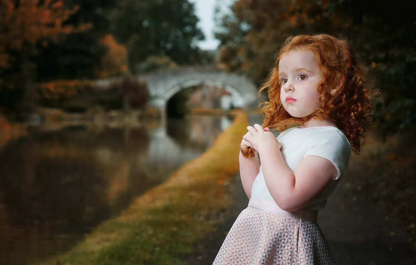 Photo wallpaper water, bridge, nature, Park, girl, red, curls, child