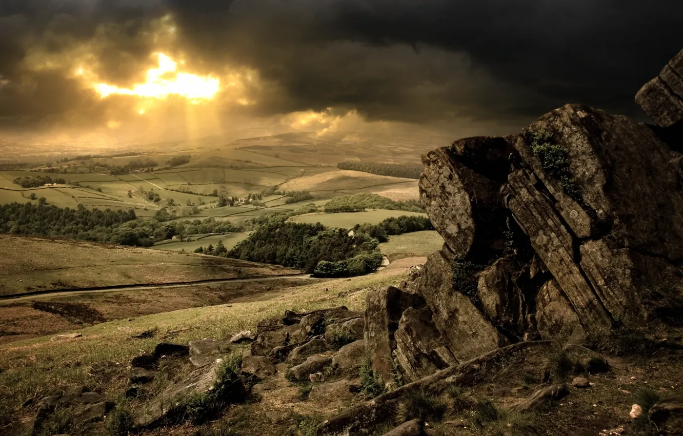 Photo wallpaper the sun, clouds, trees, stones, hills