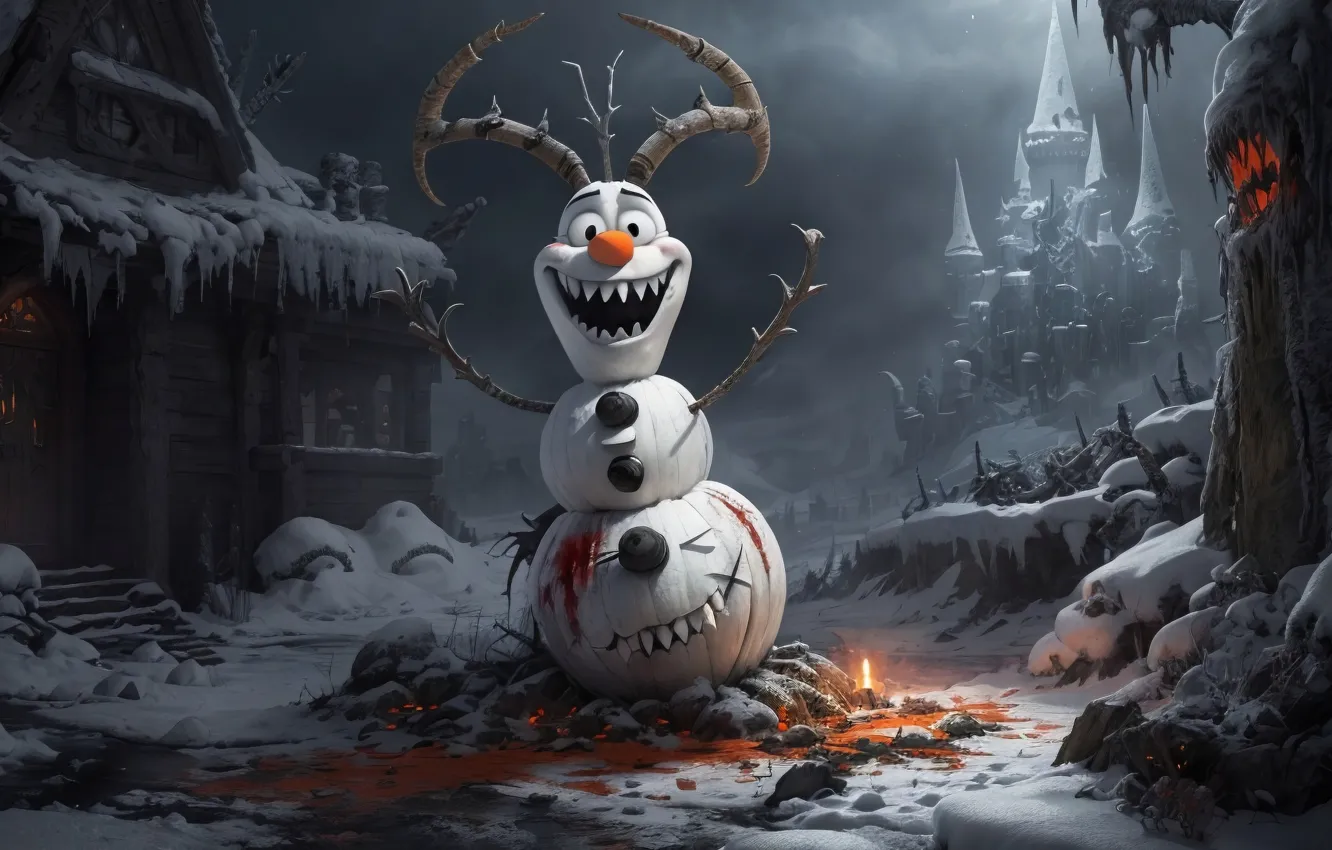 Photo wallpaper snow, smile, castle, blood, home, positive, horns, evil