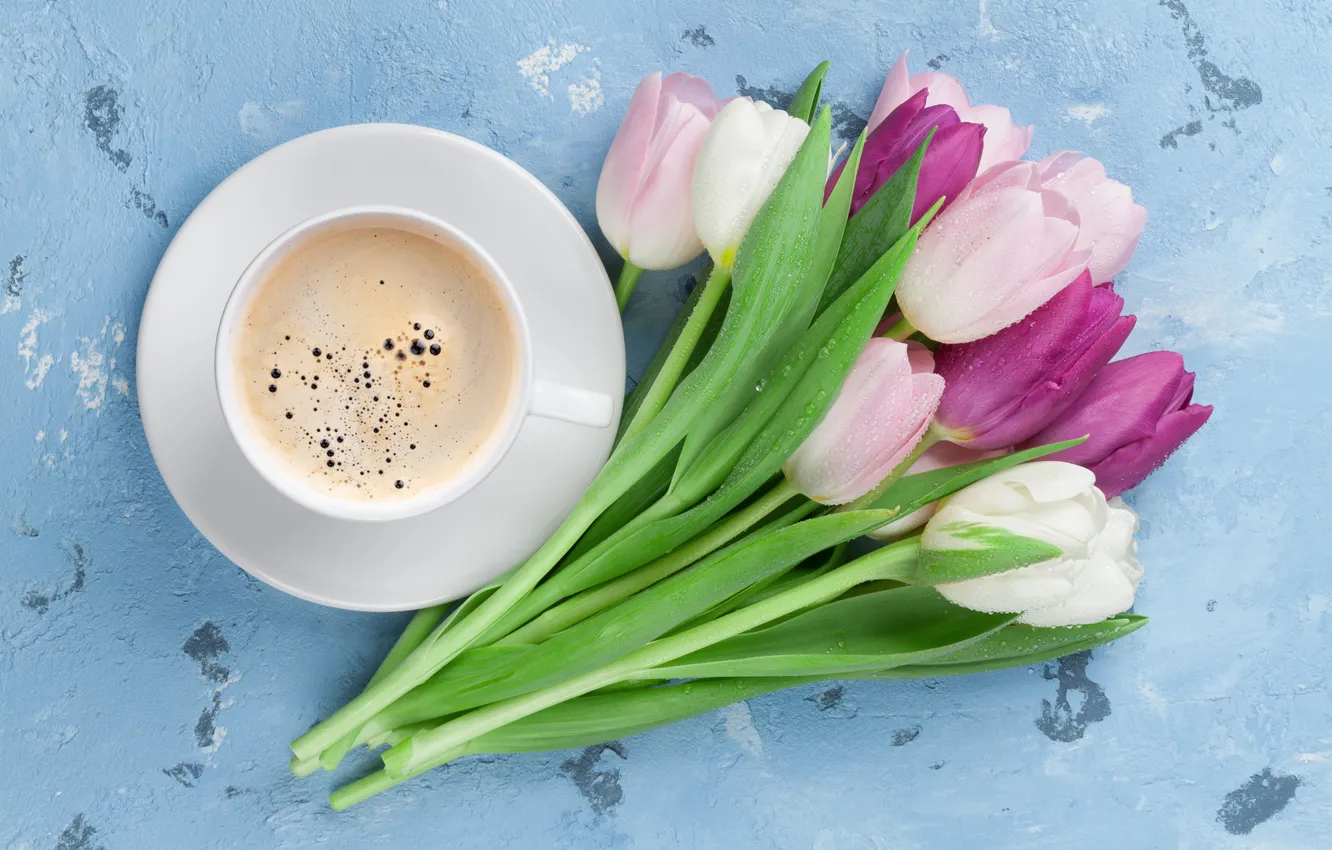 Photo wallpaper flowers, bouquet, tulips, pink, flowers, background, tulips, coffee cup