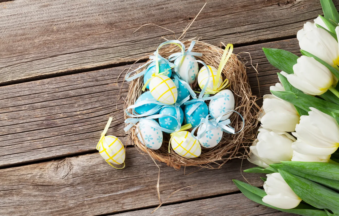 Photo wallpaper flowers, eggs, spring, Easter, white, wood, blue, flowers