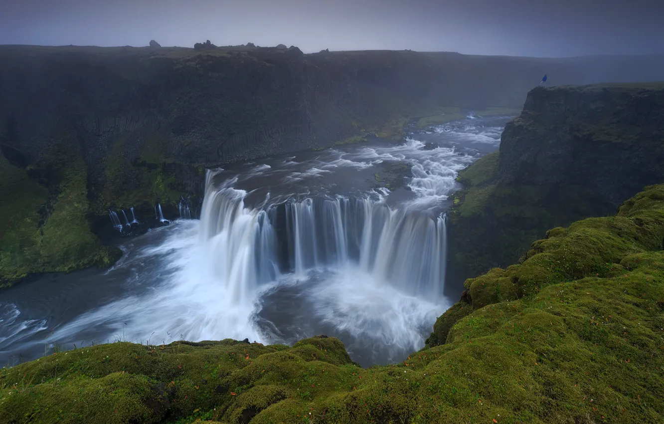 Photo wallpaper fog, open, rocks, shore, people, waterfall, stream, Iceland