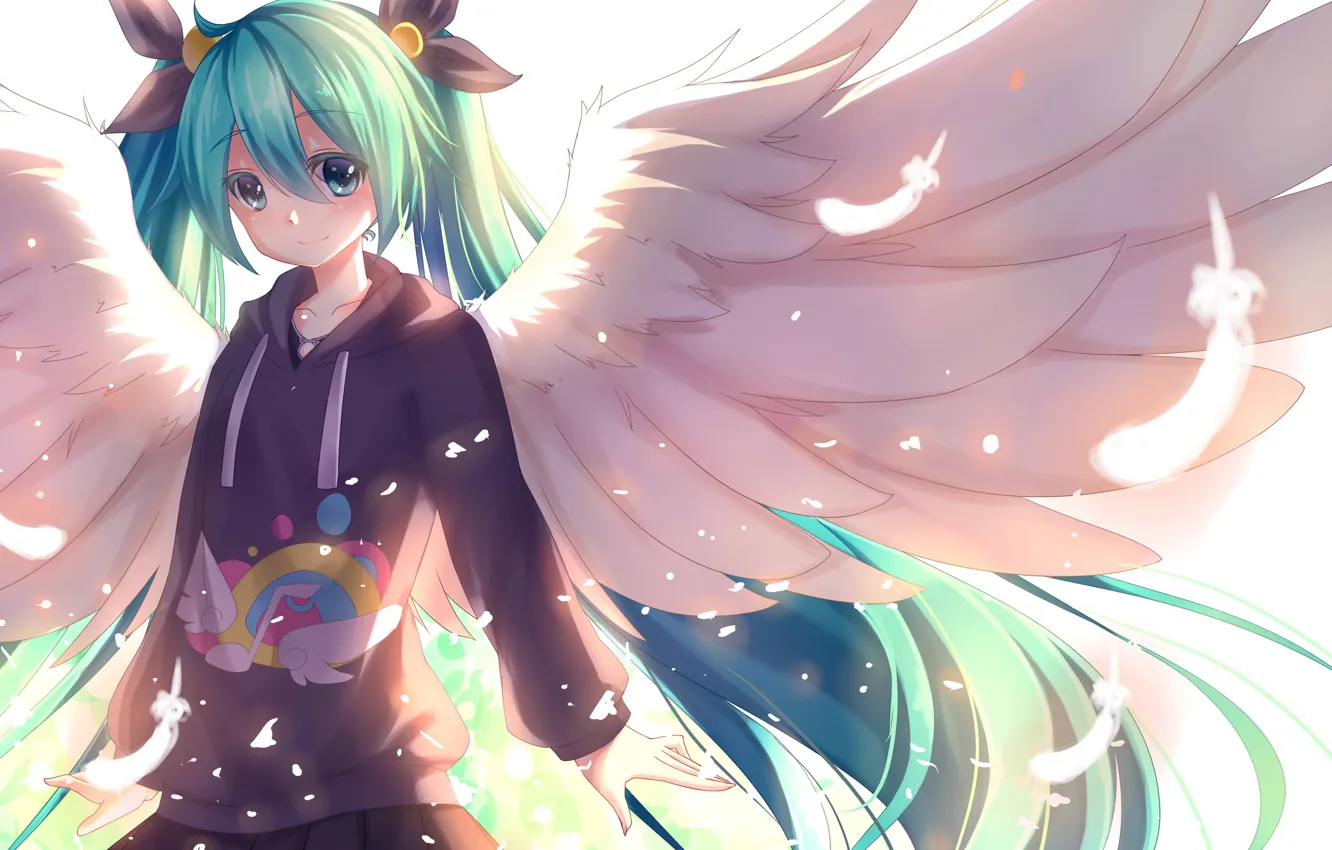 Photo wallpaper girl, smile, wings, angel, anime, feathers, art, vocaloid