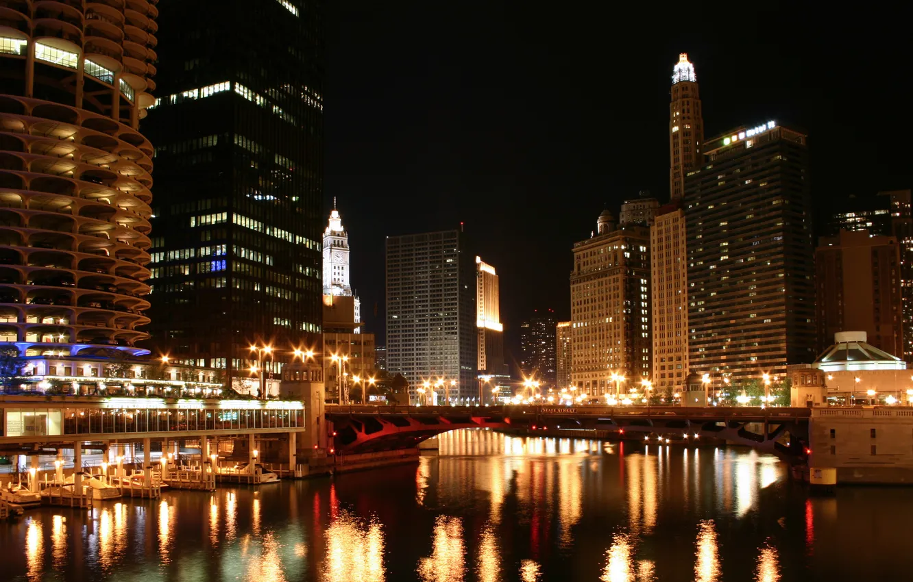 Photo wallpaper night, bridge, city, home, Chicago, Chicago, skyscrapers, river.