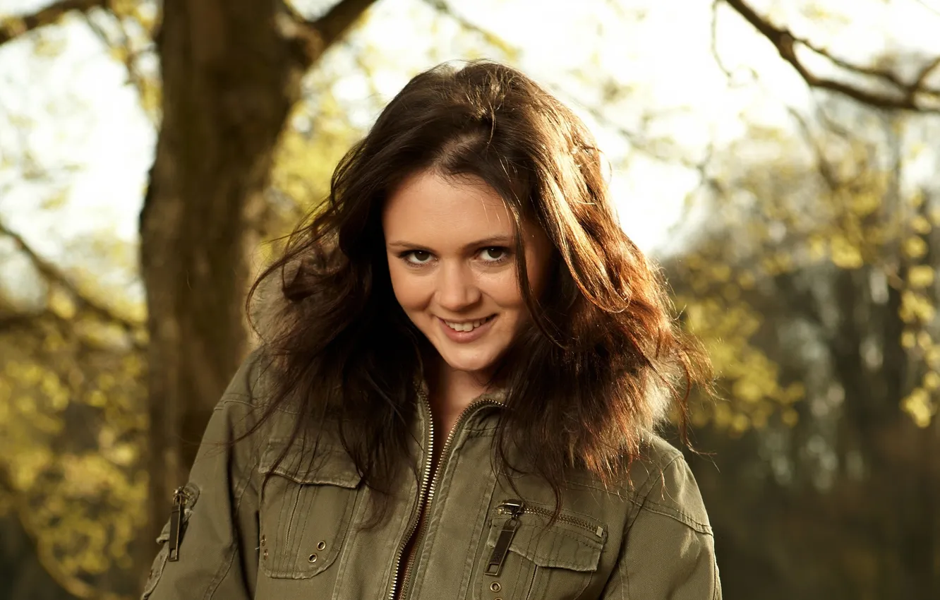 Photo wallpaper girl, background, hair, jacket