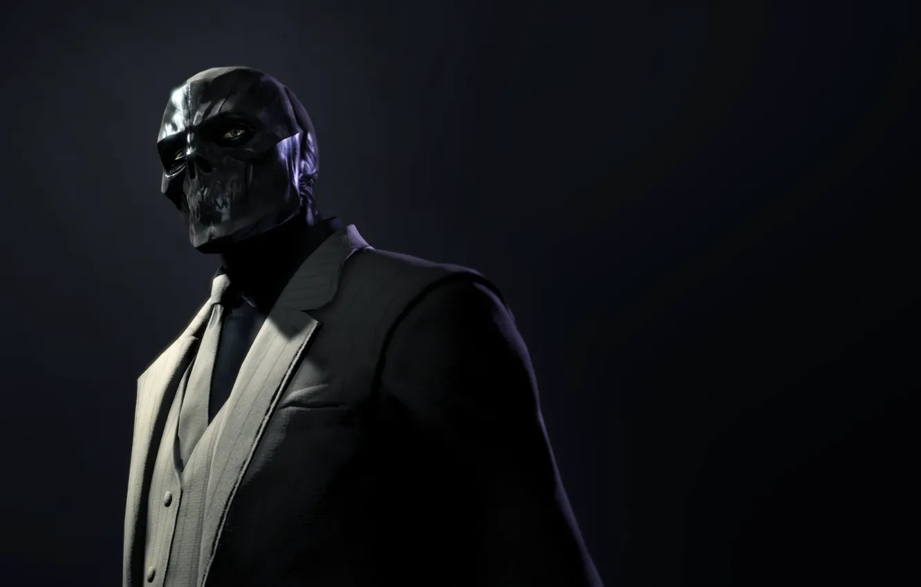 Photo wallpaper look, costume, tie, jacket, killer, black mask, Black Mask, Batman: Arkham Origins