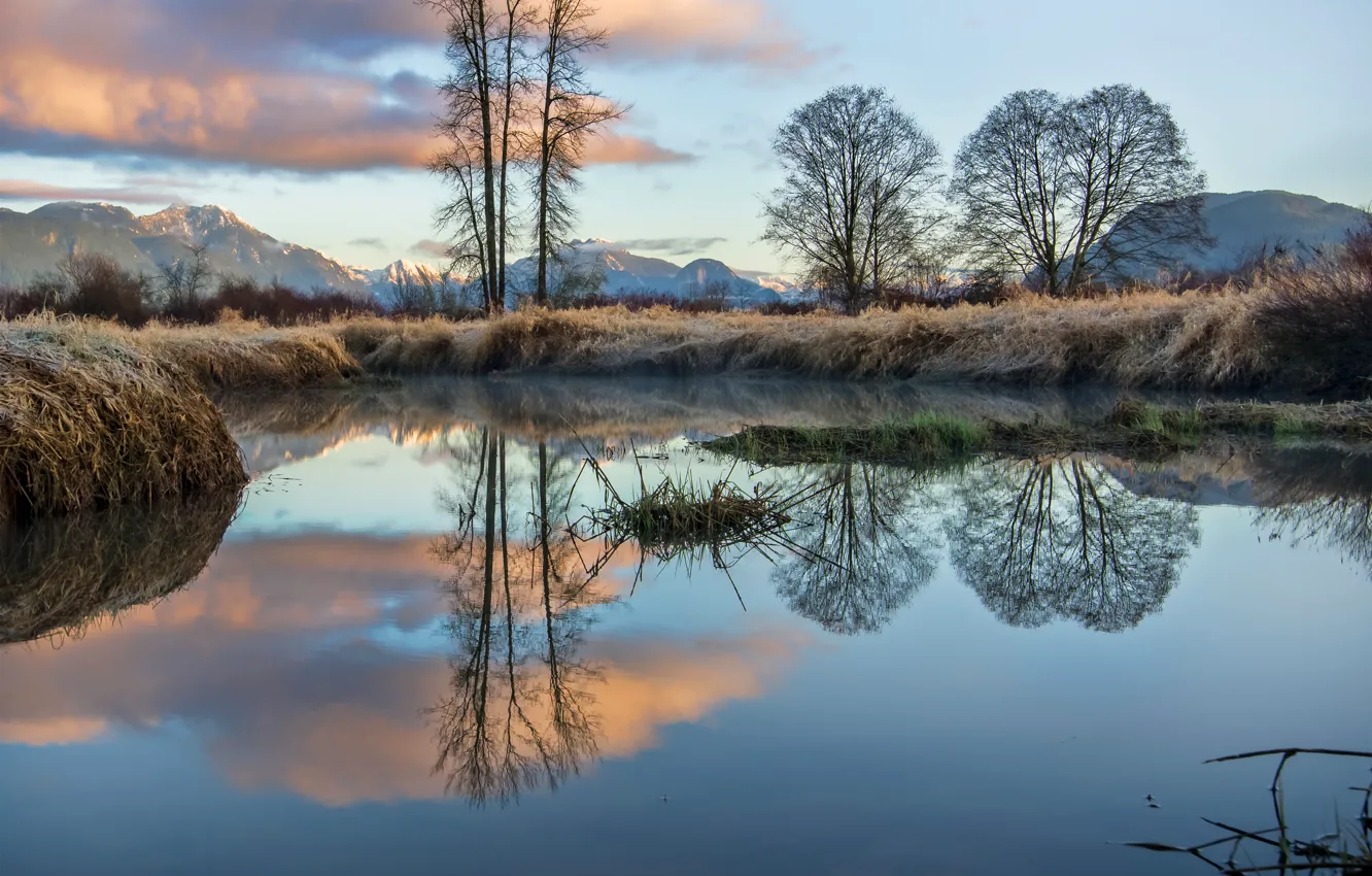 Photo wallpaper frost, the sky, grass, clouds, trees, mountains, lake, reflection