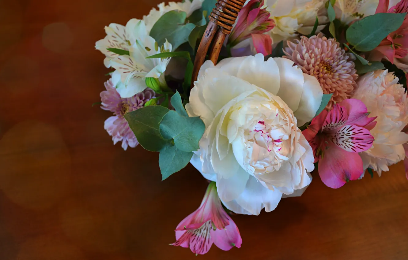 Photo wallpaper flowers, Lily, chrysanthemum, leaves, peonies, bouquet