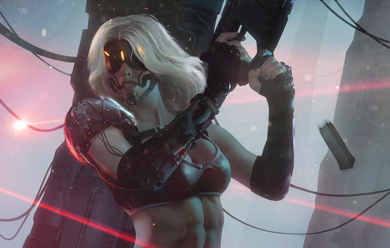 Photo wallpaper gun, bra, woman, cyberpunk bionics