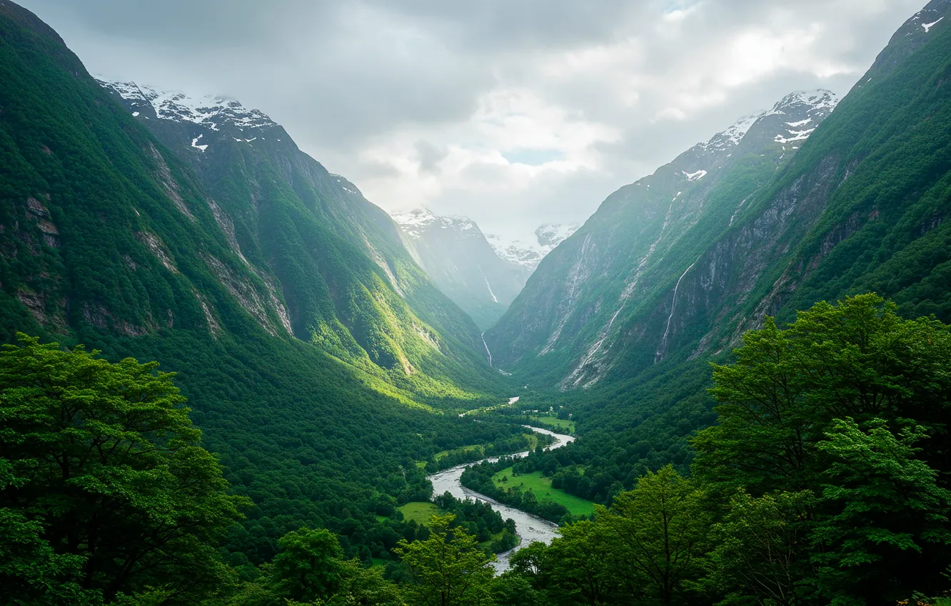 Photo wallpaper the sky, clouds, mountains, river, valley, haze, wallpaper, river