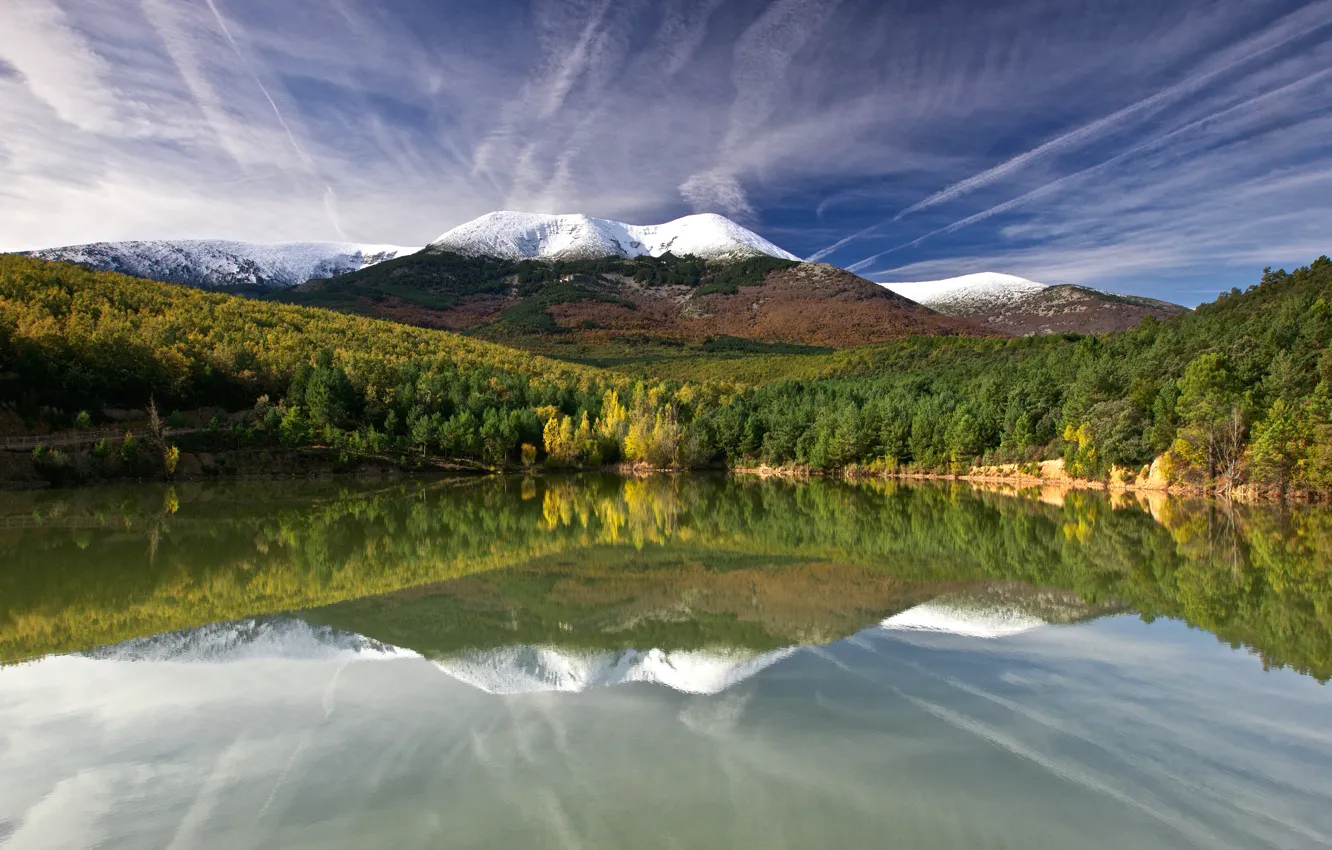 Photo wallpaper forest, the sky, mountains, reflection, shore, pond