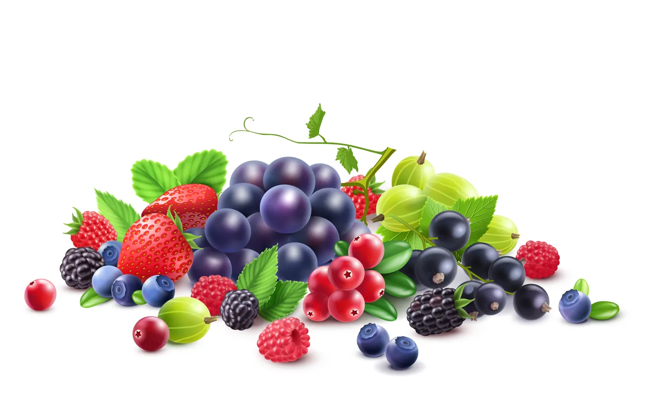 Photo wallpaper berries, raspberry, blueberries, strawberry, grapes, white background, currants, gooseberry