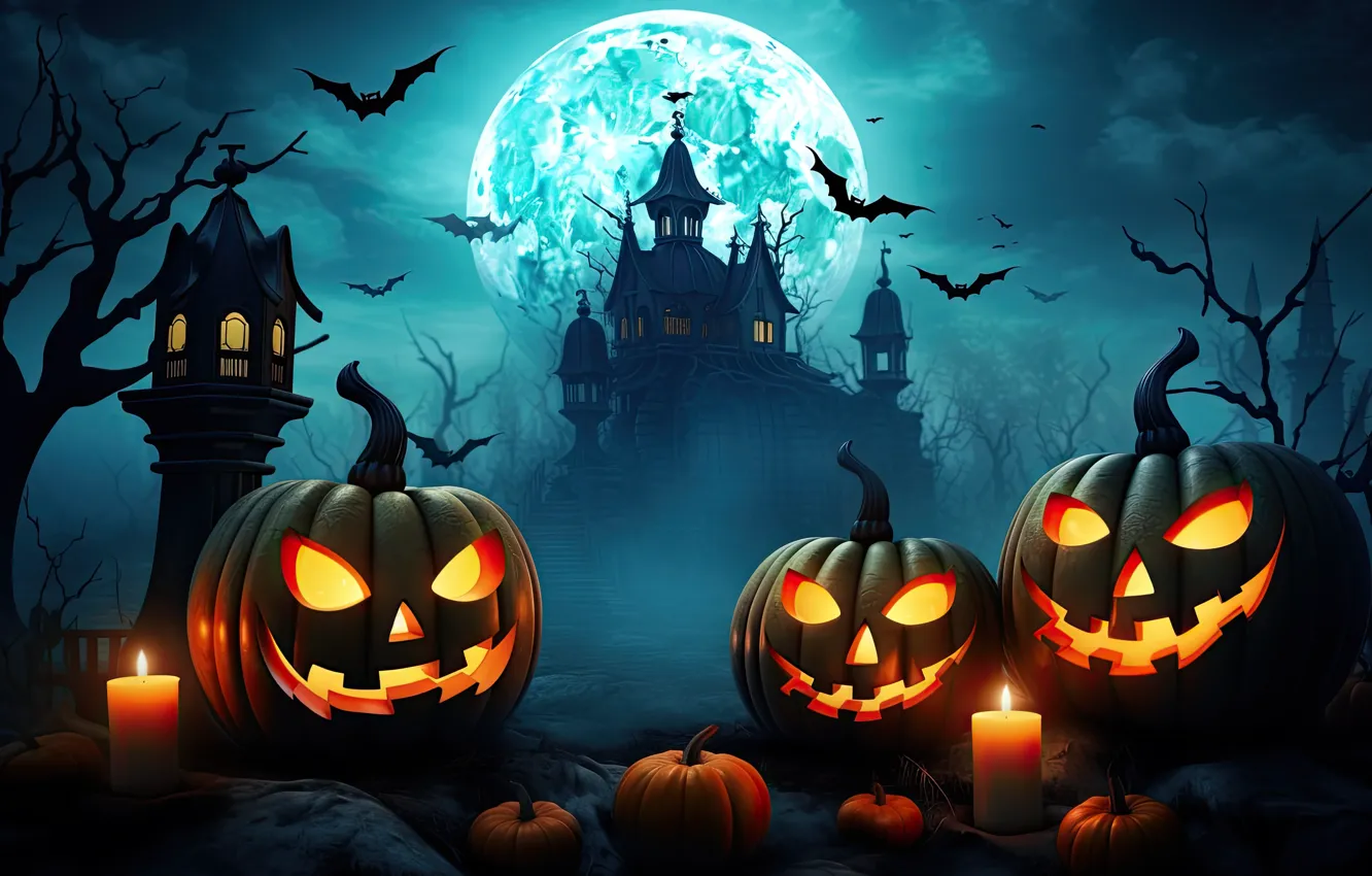 Photo wallpaper autumn, the sky, clouds, trees, night, branches, lights, fog