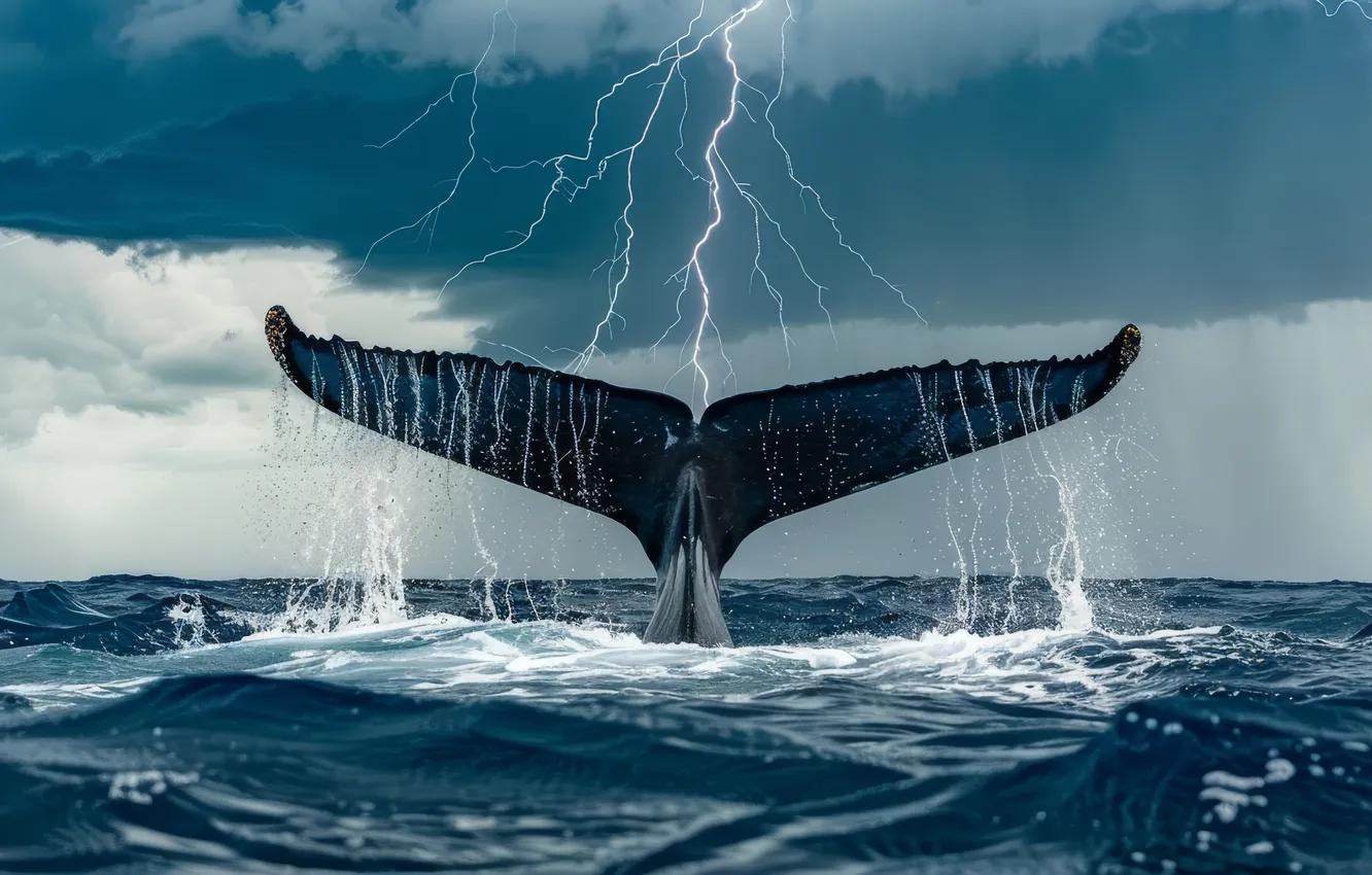 Photo wallpaper sea, clouds, lightning, kit, tail, digital art, AI art, The Art of Artificial Intelligence