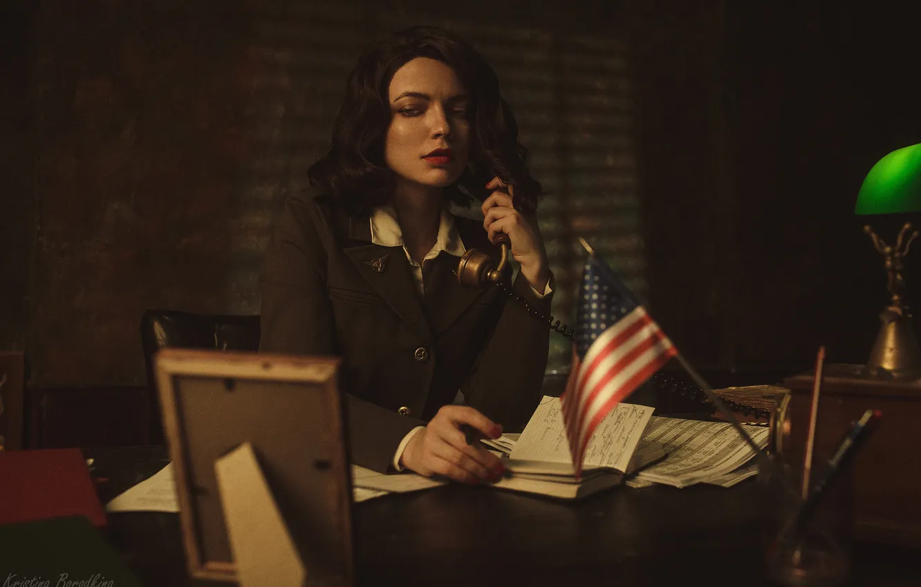 Photo wallpaper brunette, phone, American flag, Catherine Semadeni, Kristina Borodkina