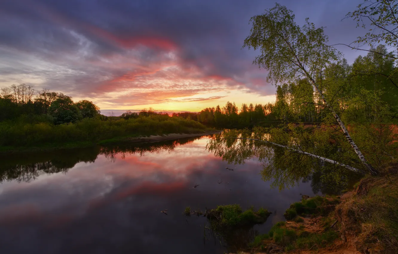 Photo wallpaper summer, the sky, water, trees, sunset, river, shore, Maxim Evdokimov