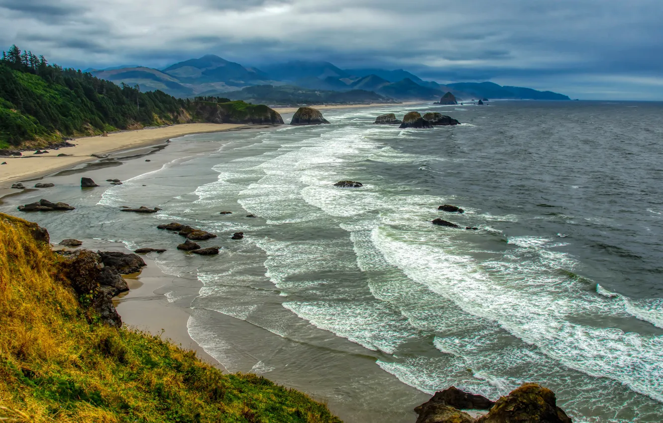 Photo wallpaper sea, wave, beach, the sky, clouds, mountains, stones, rocks