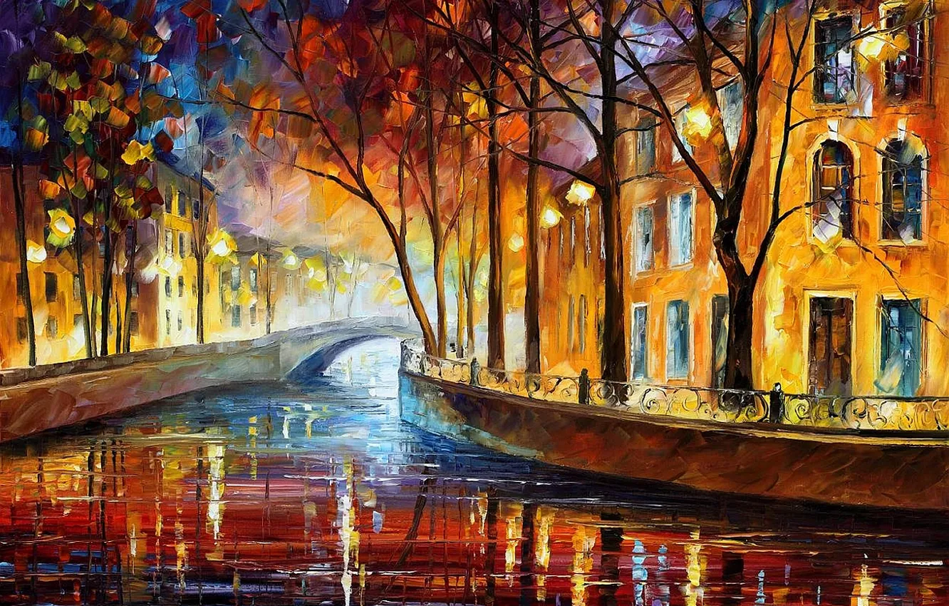 Photo wallpaper trees, bridge, oil, Leonid Afremov